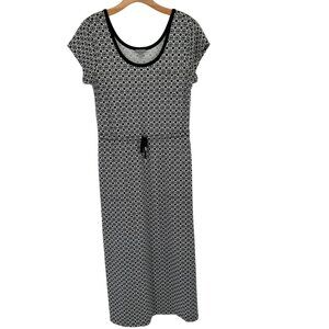 Talbots maxi dress Black knit Geometric Womens Size medium Short Sleeve Tie Belt